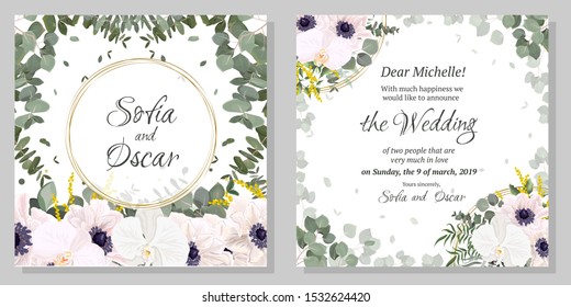 Elegant floral design for your wedding invitation. Round golden frame, eucalyptus, white anemones and orchids, green plants and leaves.