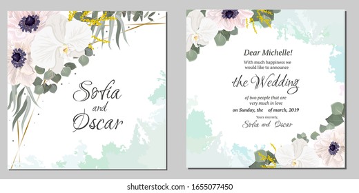 Elegant floral design for your wedding invitation. Eucalyptus, white anemones and orchids, green plants and leaves.
