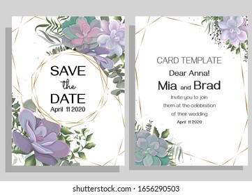 Elegant floral design for your wedding. Succulents, eucalyptus, green plants and leaves, golden polygonal frame. Postcard template for your text.