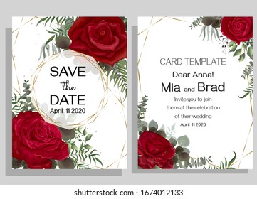 Elegant floral design for your wedding invitation. Red roses, eucalyptus, gold polygonal frame. Template for a greeting card.