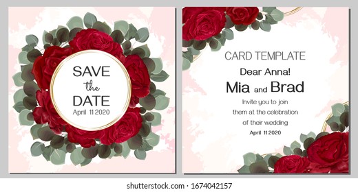 Elegant floral design for your wedding invitation. Red roses, eucalyptus, gold round frame. Template for a greeting card.