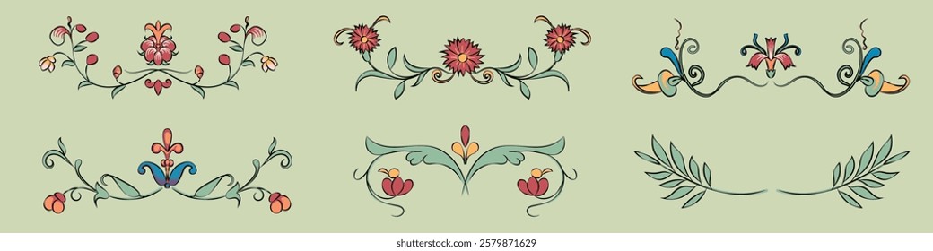 Elegant floral designs with intricate patterns. Floral motifs, decorative elements, and ornate designs. Perfect for decorative, floral-themed projects. Decorative illustrations, element vector set.