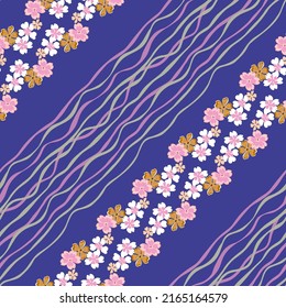 Elegant floral diagonal pattern pink decorative flowers, background bright blue, vector stock illustration for design fabrics, posters, leaflets, pastel color