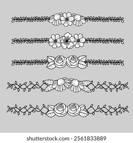 Elegant Floral Divider Set, Hand-Drawn Botanical Line Art Borders and Separators Perfect for Invitations, Stationery, Graphic Design, Posters, and Creative Projects