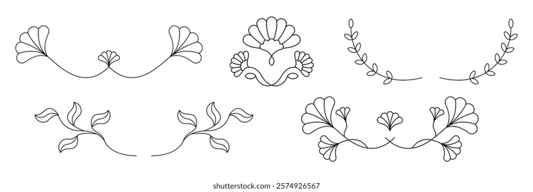 Elegant floral dividers with delicate lines. Floral motifs include leaves and petals. Perfect for designs needing floral dividers and decorative elements. Decorative divider elements, vector set.