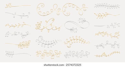 Elegant floral dividers in gold and gray. Swirls and leaves create decorative floral dividers. Perfect for invitations, floral-themed designs, and decorative accents. Hand drawn ornament vector set.