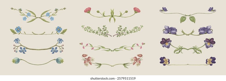 Elegant floral dividers with intricate flower designs. Delicate floral patterns, perfect for decorative purposes. Floral elements for creative projects. Spring flower illustrations, element vector set