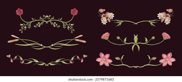 Elegant floral dividers with pink and red flowers on a dark background. Florals intertwine, creating decorative floral borders and floral accents. Spring flower illustrations, vector set.