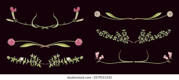 Elegant floral dividers with pink and white flowers, green leaves. Decorative floral elements for design. Floral dividers for creative projects. Spring flower illustrations, isolated element vectors.