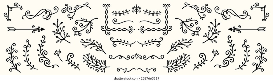 Elegant floral dividers and swirls in black on a light background. Decorative floral elements, swirls, and dividers for design. Ornate and intricate floral motifs. Hand drawn illustrations, vector set