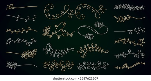 Elegant floral dividers with swirls and leaves. Gold and white floral designs. Decorative floral elements for invitations and borders. Swirls and leaves flourish. Hand drawn ornament vector set.