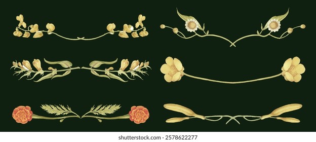 Elegant floral dividers with yellow and orange flowers. Decorative floral elements for design. Floral dividers for invitations and decor. Spring flower illustrations, isolated element vector set.