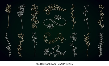 Elegant floral doodles in gold and white on a dark background. Decorative floral elements, including leaves and vines, perfect for design accents and embellishments. Hand drawn ornament vector set.