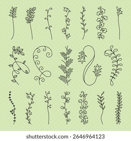 Elegantes rabiscos florais sobre um fundo verde. Esses desenhos florais apresentam padrões complexos e delicados. Perfeito para projetos com temas florais e amantes da arte floral. Conjunto de vetores de ornamento desenhado à mão.
