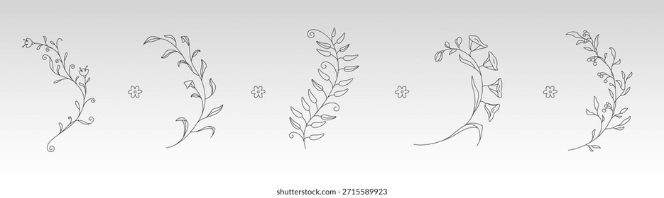 Elegantes Elementos florales con delicada flor para marco de corona y monograma botánico. Diseño de borde de laurel de Vector con intrincados patrones de hojas y adornos de boda. Ramas dibujadas a mano para la invitación