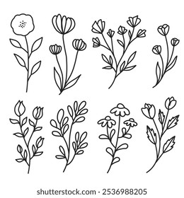 Elegant floral elements with a minimalist style, perfect for nature-inspired designs, invitations, and decorative prints. Simple, hand drawn botanical lineart illustrations, floral clipart