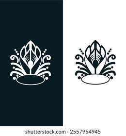 Elegant floral emblem in a minimalist style, featuring symmetrical design elements resembling a blooming flower surrounded by decorative swirls.