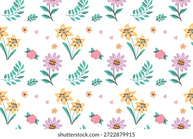 Eleganter floraler, endloser Hintergrund mit vielfältigen Gartenblüten und grünen Blättern. Schöne wiederkehrende Textur für Hochzeitspapiere, Textildesigns und romantische Tapeten.