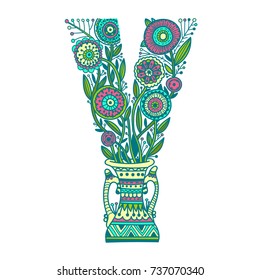 Elegant  floral english typography sign letter outline, adult coloring page book Y. Written by hand. The letter is decorated with stylized flowers and leaves