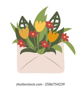 Elegant Floral Envelope with Tulips and Wildflowers - Beautiful Botanical Arrangement for Greeting Cards, Invitations, and Decorative Designs