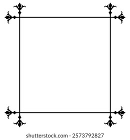 Elegant floral frame. Black outline border. Symmetrical corner pattern. Vintage decorative design.