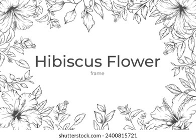 Elegant floral frame border with outline hand drawn flowers and geometric lines