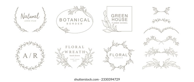 Elegante colección de marcos florales. Leyenda fina de mano, plantilla de logotipo, diseño de monograma en línea. Vector para etiqueta, identidad corporativa, invitación a boda, botánica de tarjeta, guardar fecha