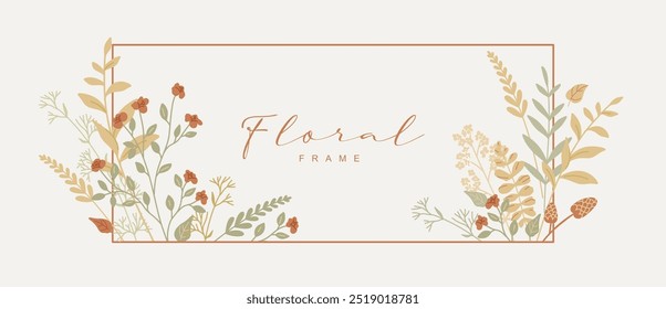 Elegante marco floral con delicadas flores de prado, hierbas, ramas. Patrón de flores en colores marrón cálido, beige, verde. Ilustración vectorial