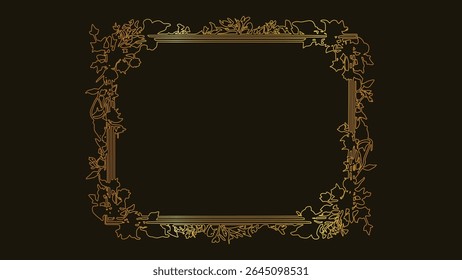 Elegant floral frame. Gold decorative art. Stylish border vector. Beautiful graphic design. Luxurious invitations. Artistic frame style. Refined nature art. Creative elements. Unique decorative art. 