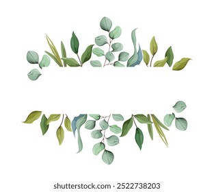Elegant floral frame with greenery. Decorative frame for invitations, weddings, date saving. Vector illustration in watercolor style.