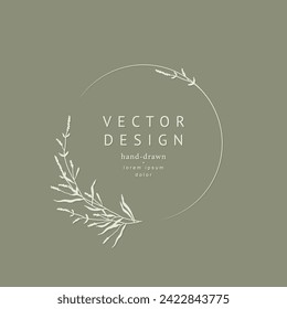 Elegant floral frame with hand drawn silhouettes of branches and leaves. Vector flower wreath for labels, corporate identity, wedding invitation, save the date, logo