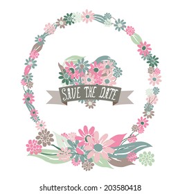 Elegant floral frame with heart and save the date banner, design elements. Can be used for wedding, baby shower, mothers day, valentines day, birthday cards, invitations. Vintage decorative flowers.