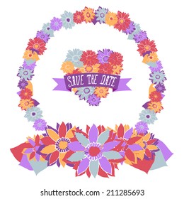 Elegant floral frame with heart and save the date banner, design elements. Can be used for wedding, baby shower, mothers day, valentines day, birthday cards, invitations. Vintage decorative flowers.