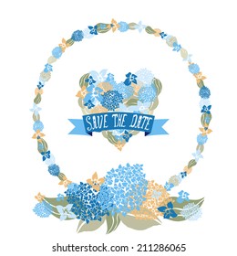 Elegant floral frame with heart and save the date banner, design elements. Can be used for wedding, baby shower, mothers day, valentines day, birthday cards, invitations. Vintage decorative flowers.