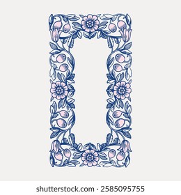 Elegant floral frame with intricate floral patterns. Blue and pink floral designs create a vintage floral border. Perfect for floral-themed projects. Vintage art illustration, vector.