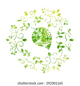 Elegant floral frame with leaf in the center in grunge style. Monogram identity, business sign, logo design. Lineart vector illustration.