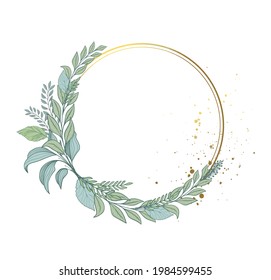 Elegante marco floral de hojas, corona redonda de vegetación y plantas. Ramo verde y marco dorado para la invitación a la boda. Eucalipto y ramas de helecho. Ilustración vectorial.