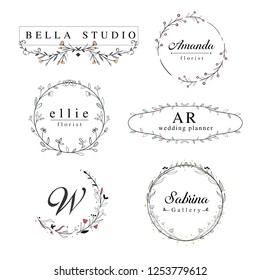 Elegant Floral Frame Logos Template With Hand Drawn Swirl, Border Frame, And Wreaths Suitable For Logo Wedding, Florist, Or Personal.