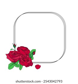 Elegant floral frame. Rose bouquet, buds, buttons, petals, leaves. Rounded rectangle geometric border. Simple cartoon style colors, red, pink, green, black line. Design element for Valentines, wedding