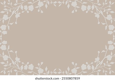 Elegant Floral Frame with silhouettes of branches, flowers and leaves. Abstract neutral beige floral background. Vector illustration for design of card, wedding invitation, packaging, save the date