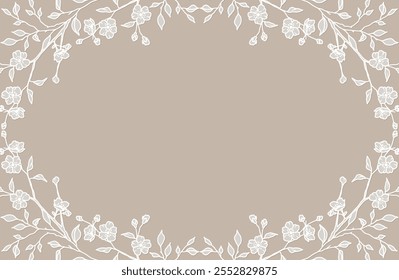 Elegant Floral Frame with silhouettes of branches, flowers and leaves. Abstract neutral beige floral background. Vector illustration for design of card, wedding invitation, packaging, save the date