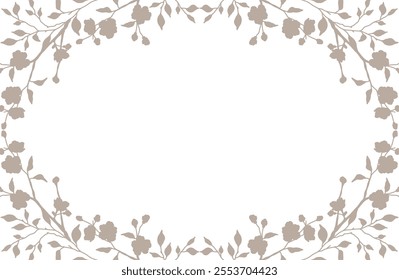 Elegant Floral Frame with silhouettes of branches, flowers and leaves. Abstract neutral floral background. Vector illustration for design of card, wedding invitation, packaging, save the date
