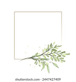 Elegant floral frame with watercolor green branches and leaves. Vector illustration