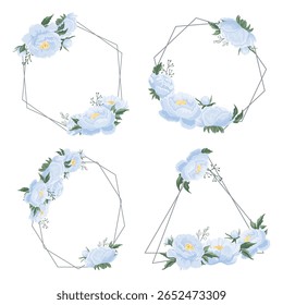 Elegant floral frames with blue peonies, perfect for wedding decor, cards, invitations, and romantic designs with a soft and delicate botanical style