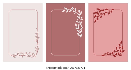 Elegant floral frames with branches and leaves, design templates with copy space for text. Vector backgrounds for wedding invitations, greeting cards, wallpapers from social media stories.