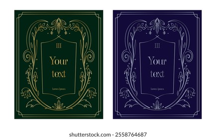 Elegant Floral Frames with Gold and Silver Botanical Motifs on Dark Green and Navy Backgrounds. Ideal for Luxury Book Covers, Invitations, Cards, and Art Deco Designs. Vector Flat Illustration.