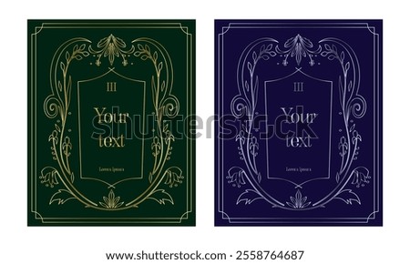 Elegant Floral Frames with Gold and Silver Botanical Motifs on Dark Green and Navy Backgrounds. Ideal for Luxury Book Covers, Invitations, Cards, and Art Deco Designs. Vector Flat Illustration.