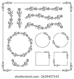 Elegant floral frames with hand drawn silhouettes of branches and leaves. Vector flower wreaths for labels, corporate identity, wedding invitation, logo, certificate, sticker