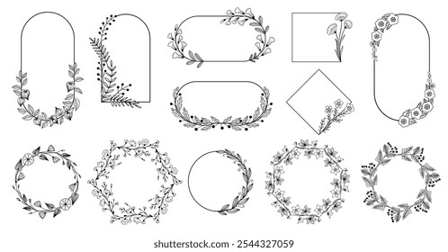 Elegant floral frames. Minimalist botanical borders with flower branches, modern decorative silhouettes for wedding invitation card logo. Vector collection.