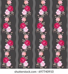 Elegant floral garlands with various roses on black background. Beautiful seamless pattern. Vector illustration.